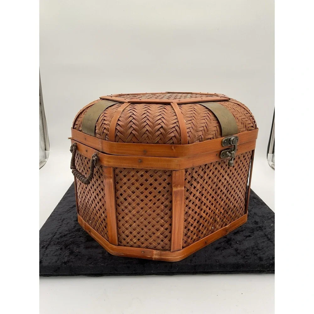 Vintage Rustic French Country Wicker/Wood Chest Brass Basket Wove Copper Inlay